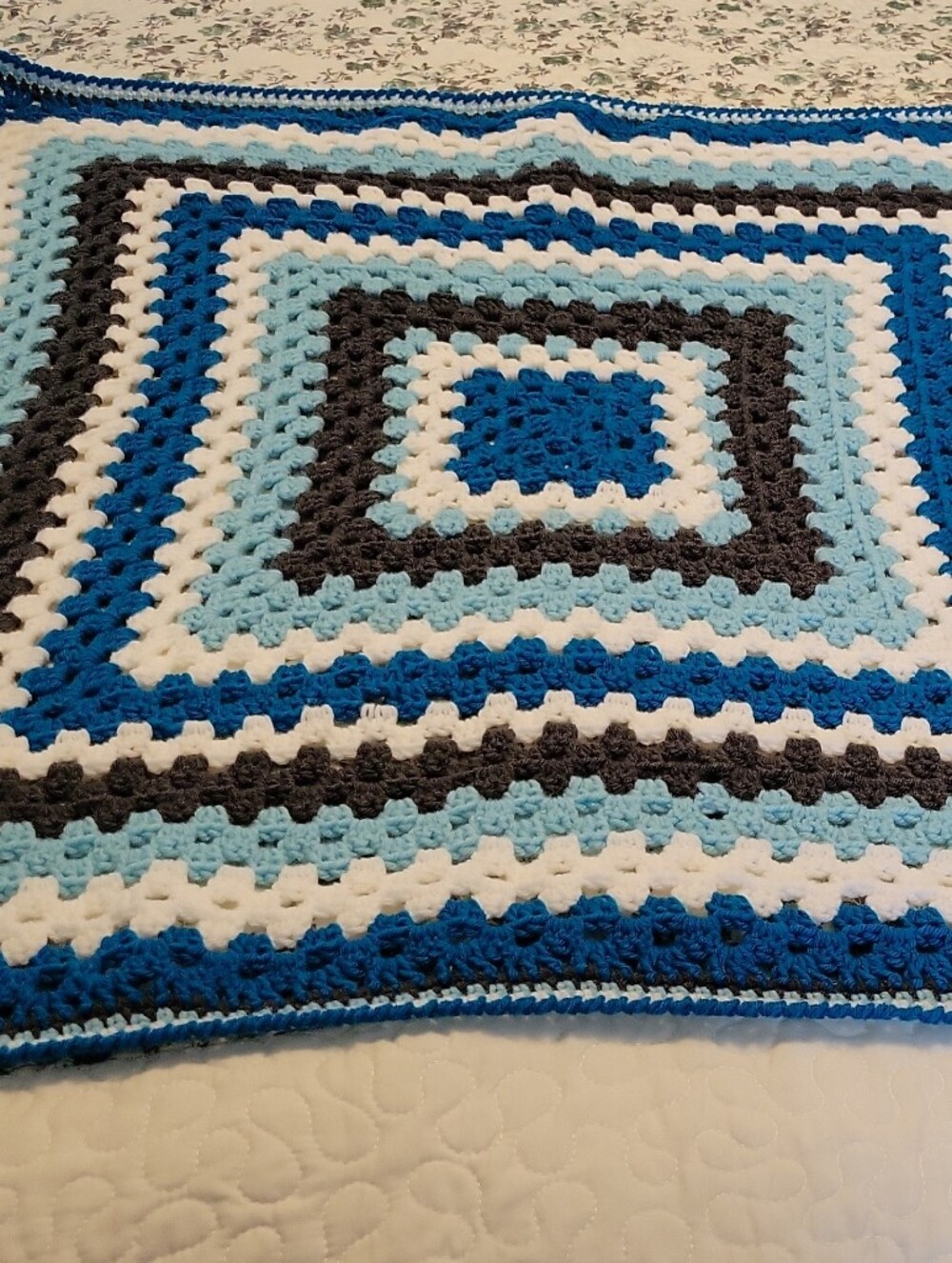 Hand Crafted Blue, Light Blue, White, and Gray Crochet Throw